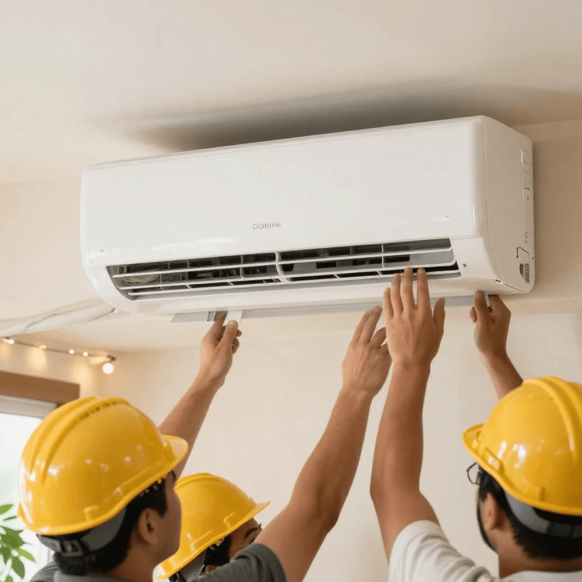 Men installing AC unit